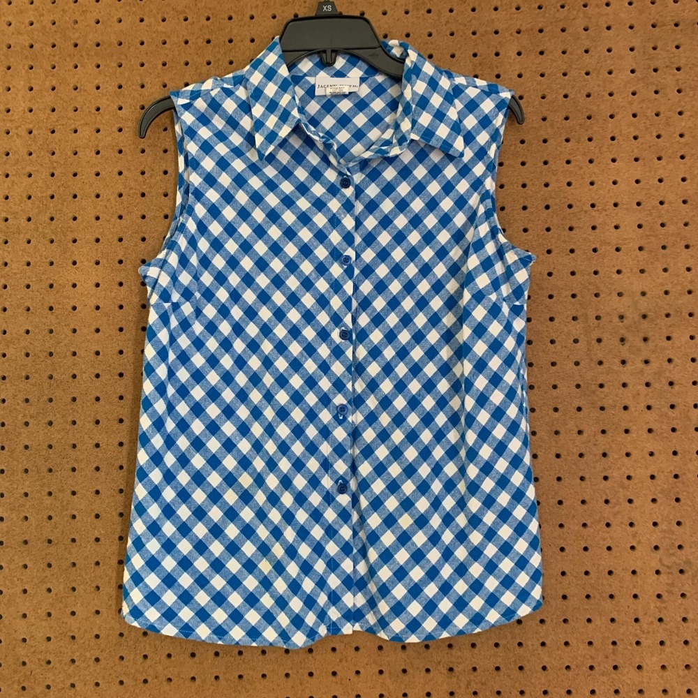 Jaclyn Smith Sleeveless Shirt Large Blue Gingham Linen Blend Button Down Classic